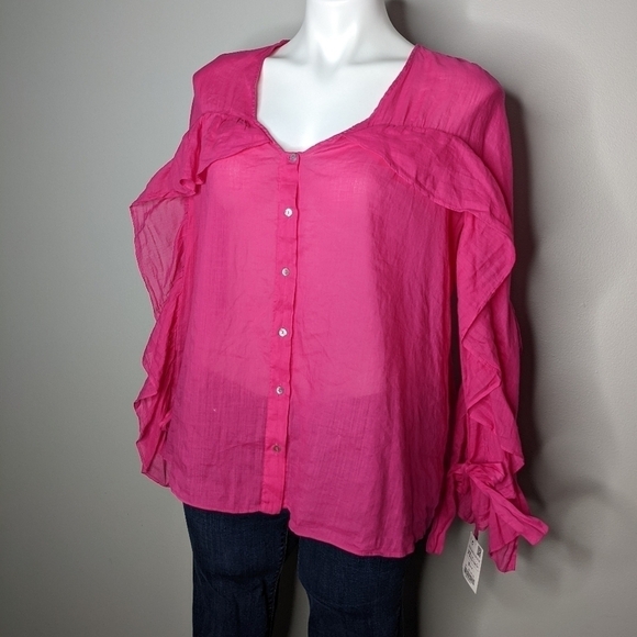 ✨3/$15 NWT Zara pink ruffle sleeve button up blouse XS - Picture 2 of 8